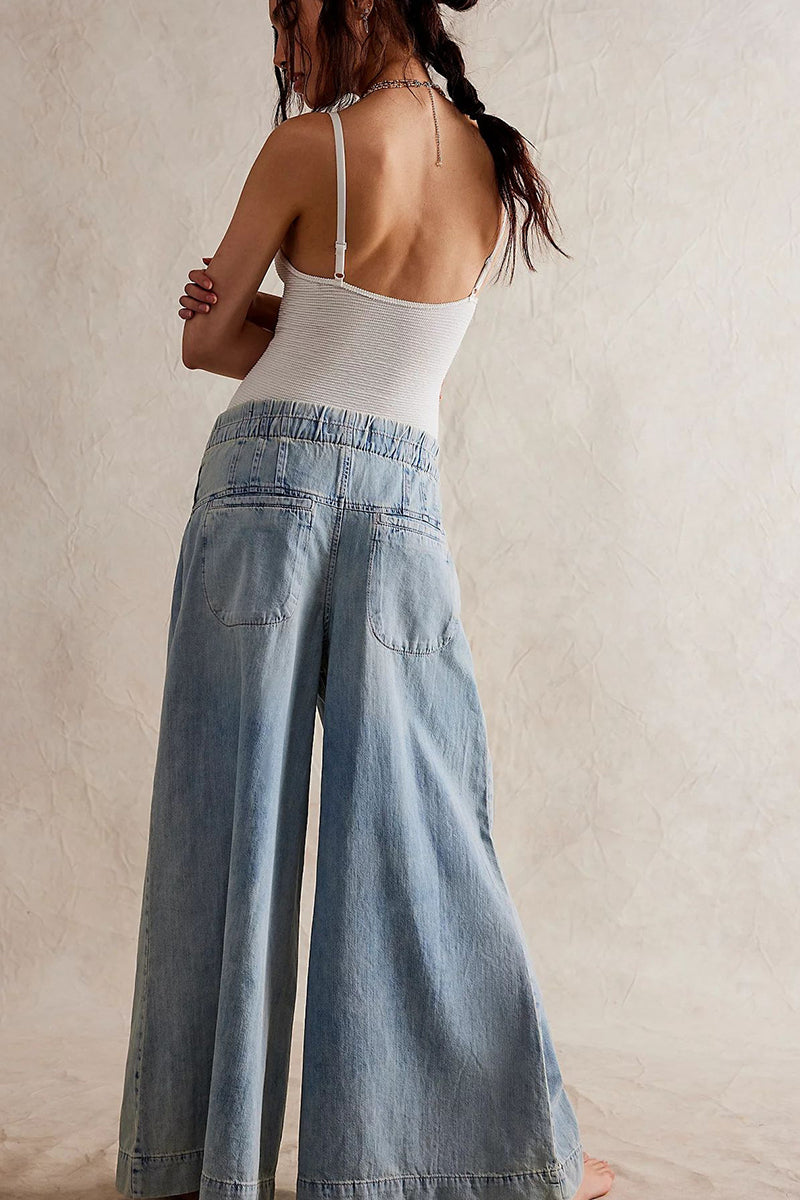 Wide-Leg Button Detail Denim Pants