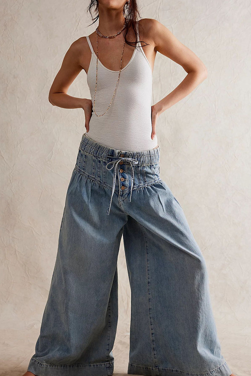 Wide-Leg Button Detail Denim Pants