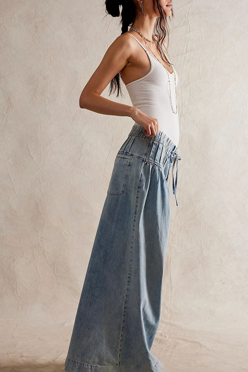 Wide-Leg Button Detail Denim Pants