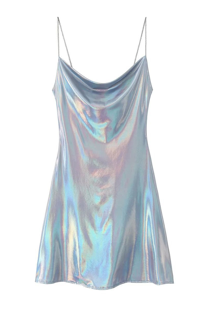 Draped Metallic Cowl Neck Mini Dress