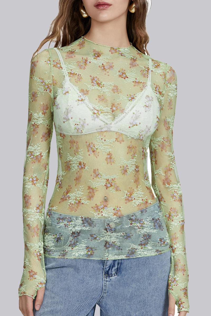 Sheer Floral Long-Sleeve Mesh Top