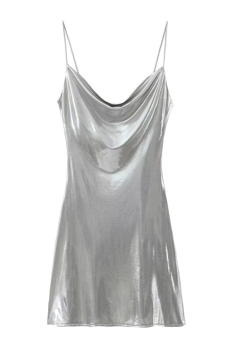 Draped Metallic Cowl Neck Mini Dress