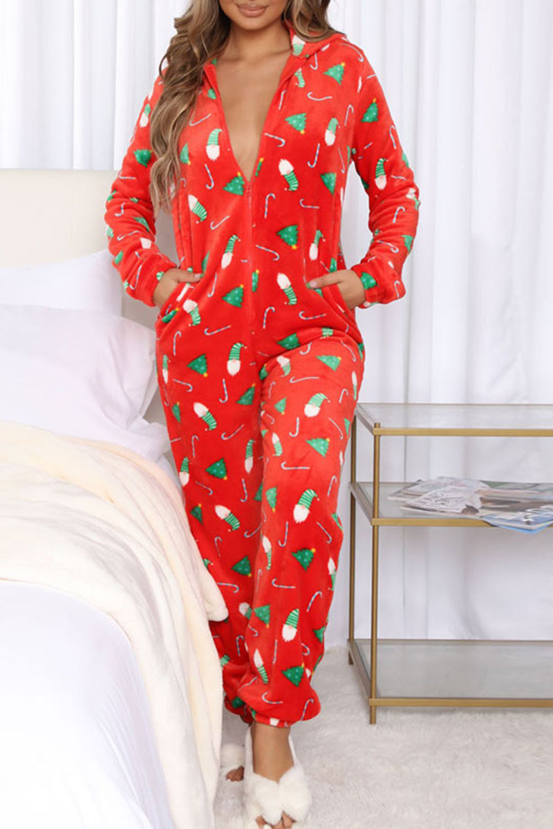 Christmas Print Long Sleeves Zipper Front Jumpsuit