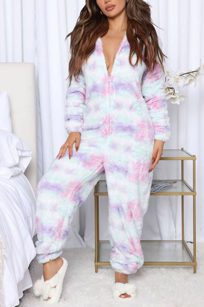 Plush Tie-Dye Hooded Jumpsuit