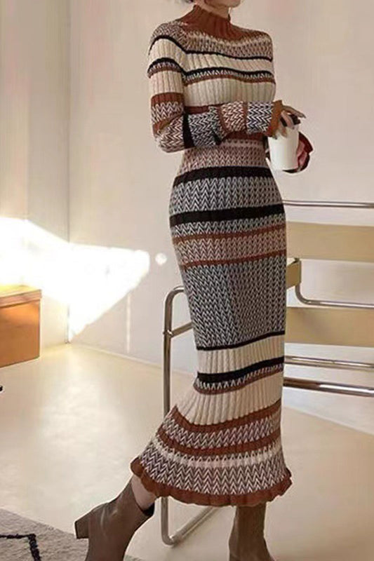 Striped Knit Long Sleeve Maxi Dress