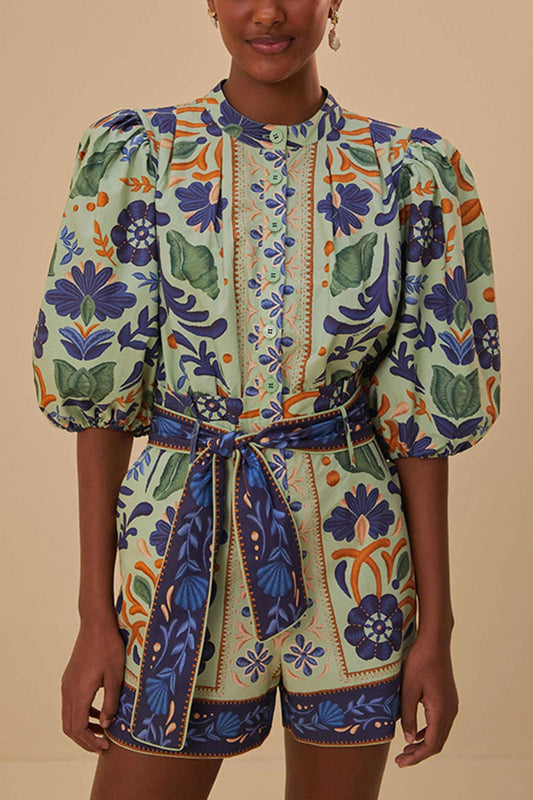 Botanical Print Top and Belted Shorts Set