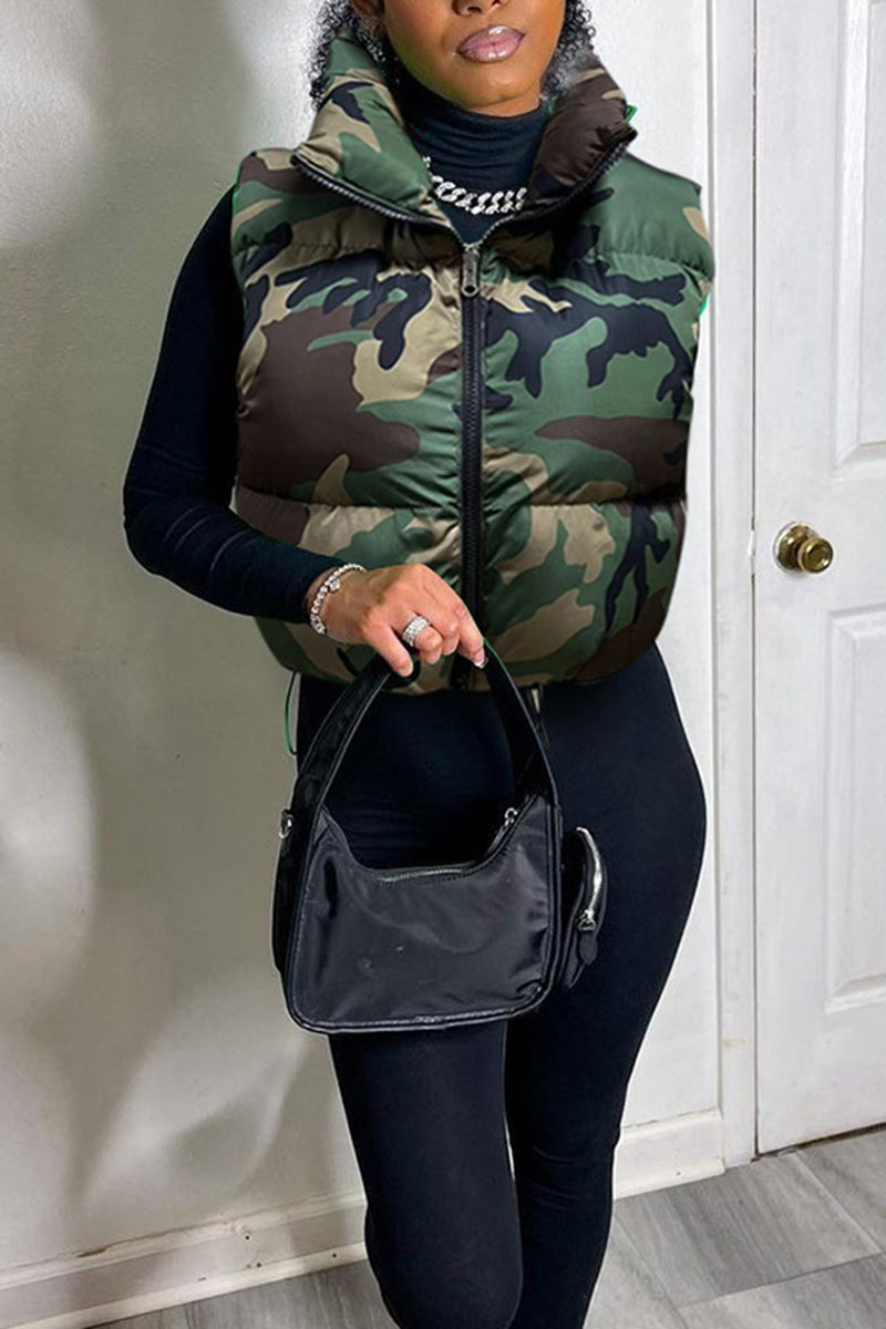 Camouflage Puffer Vest with High Collar