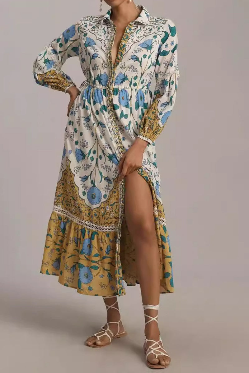 Slit Floral Print Long Sleeve Maxi Dress