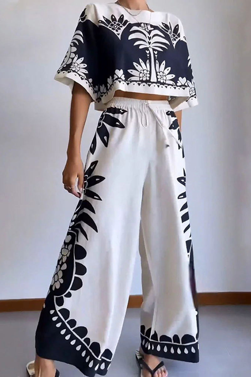 Floral Print Crop Top and Wide-Leg Pants Set