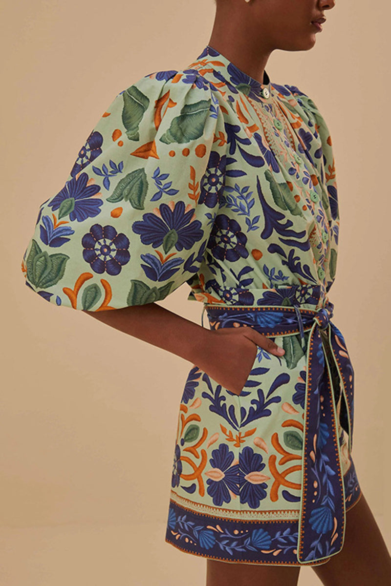 Botanical Print Top and Belted Shorts Set