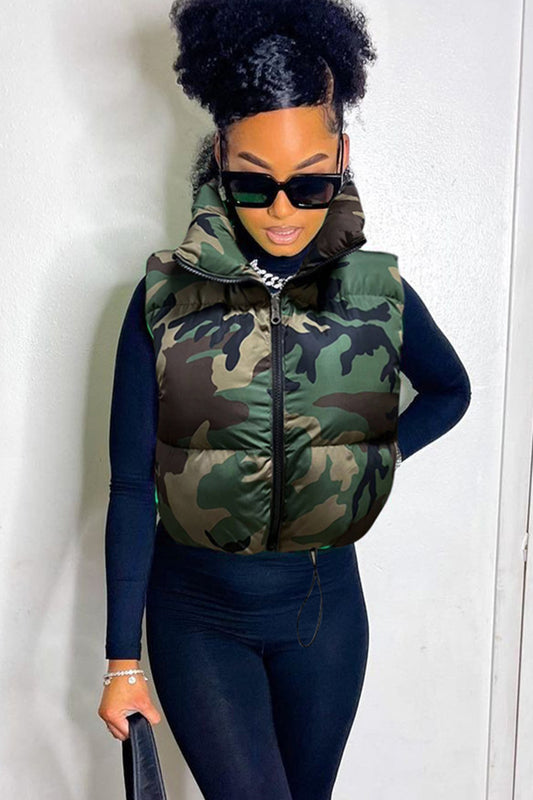 Camouflage Puffer Vest with High Collar