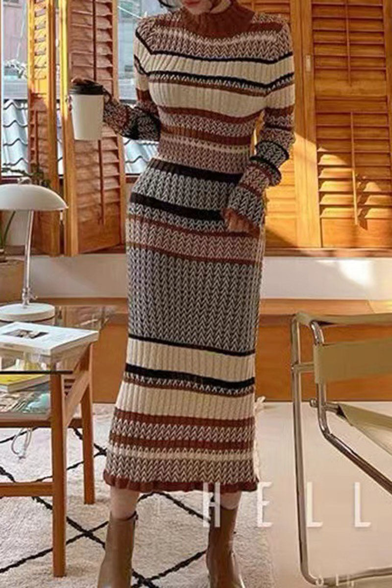 Striped Knit Long Sleeve Maxi Dress