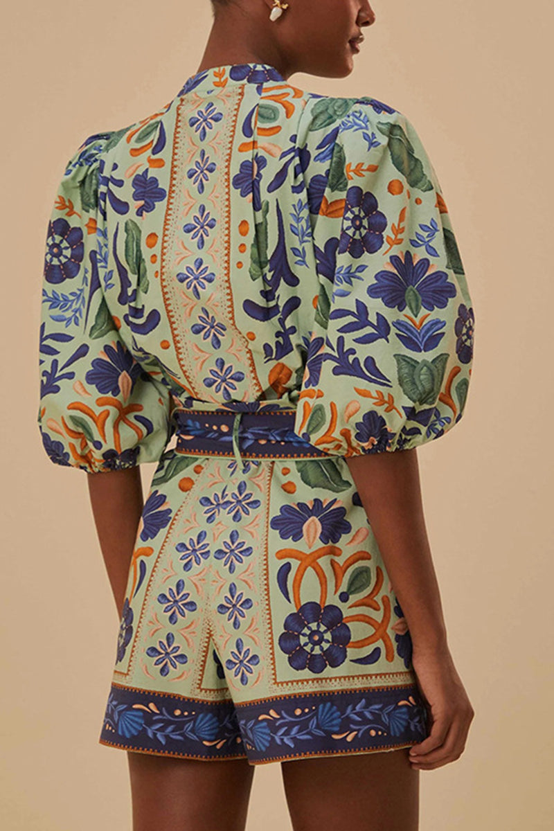 Botanical Print Top and Belted Shorts Set