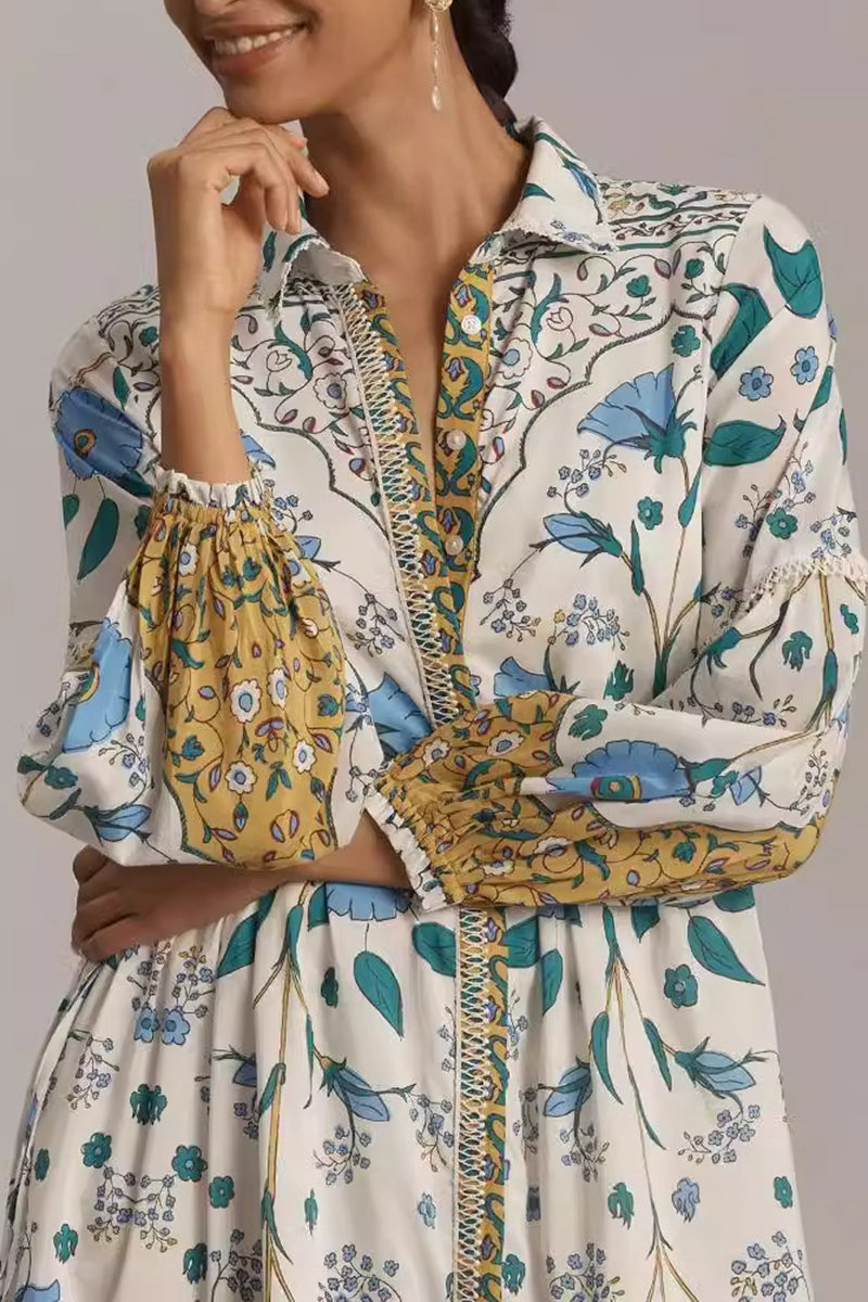 Slit Floral Print Long Sleeve Maxi Dress