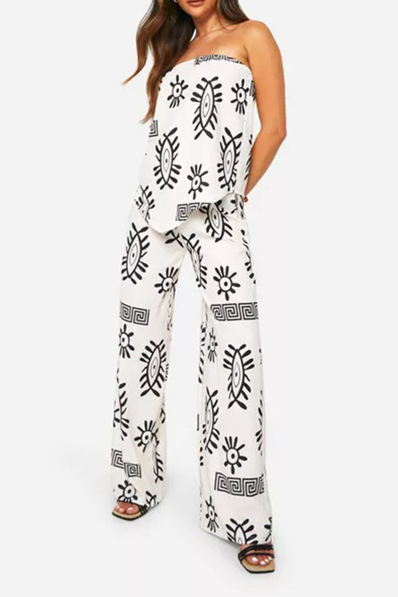 Patterned Strapless Tube Top and Pants Set