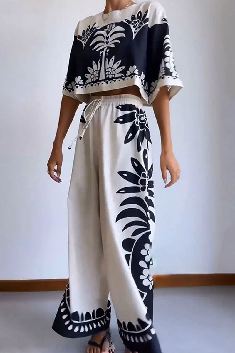 Floral Print Crop Top and Wide-Leg Pants Set