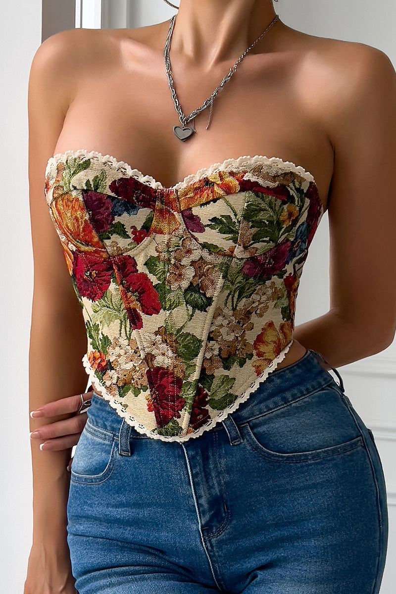 Floral Corset Top with Lace Trim