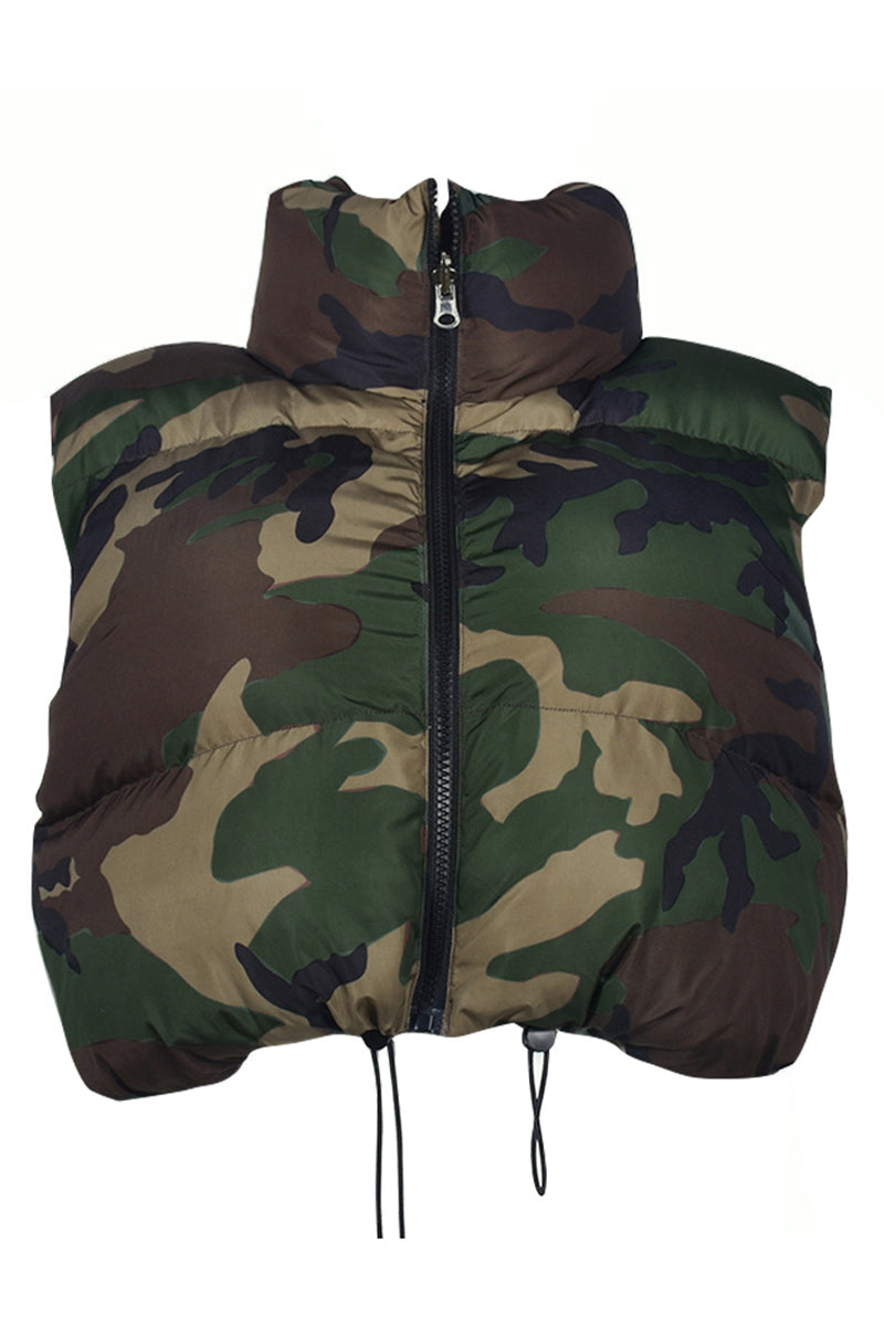 Camouflage Puffer Vest with High Collar