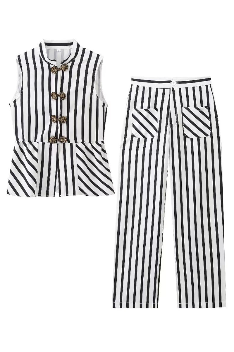 Striped Two-Piece Set with Button Details