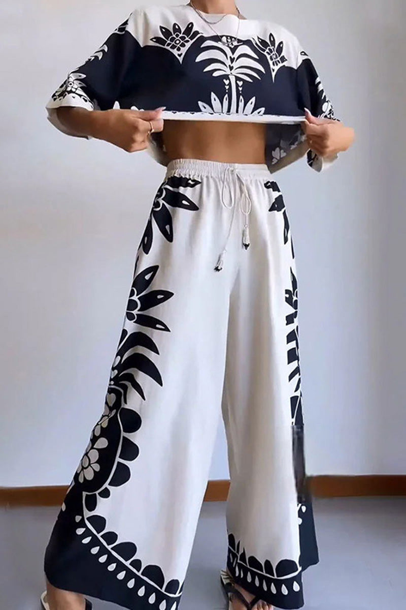 Floral Print Crop Top and Wide-Leg Pants Set