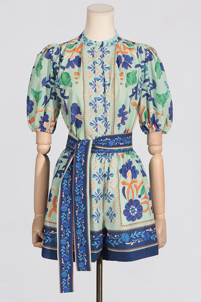 Botanical Print Top and Belted Shorts Set
