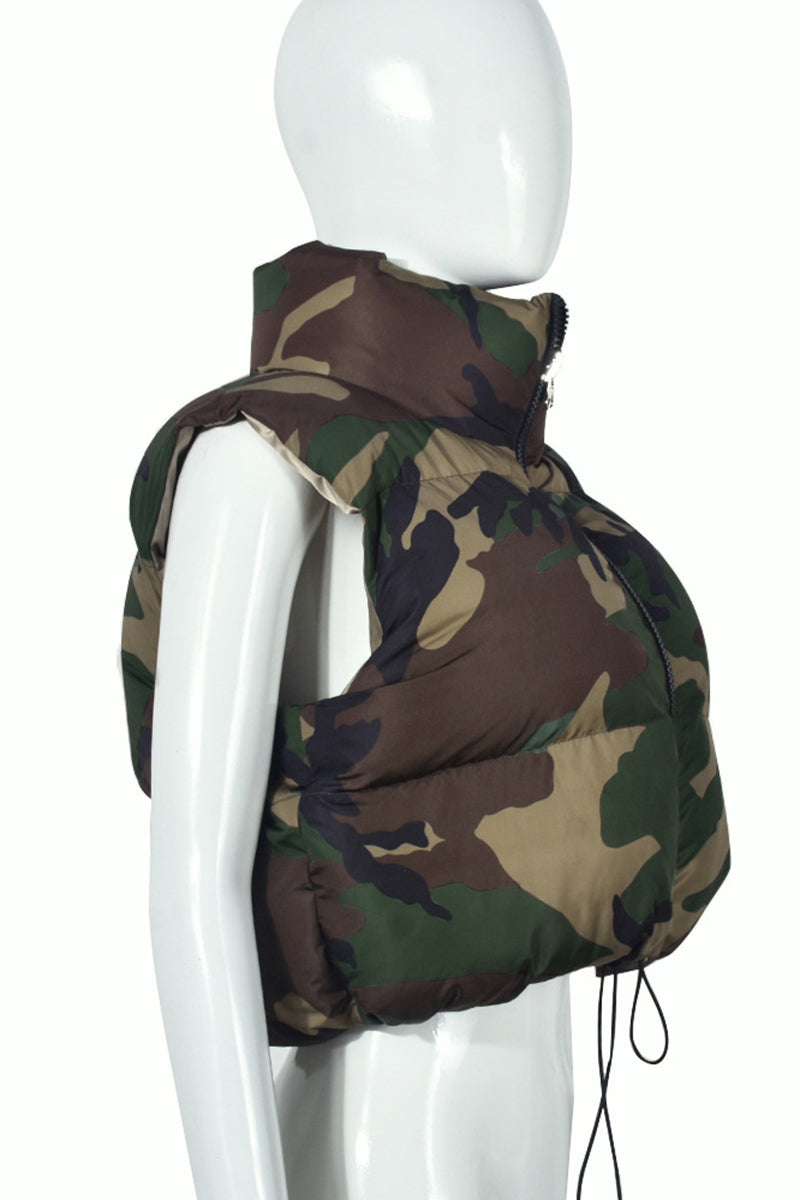 Camouflage Puffer Vest with High Collar