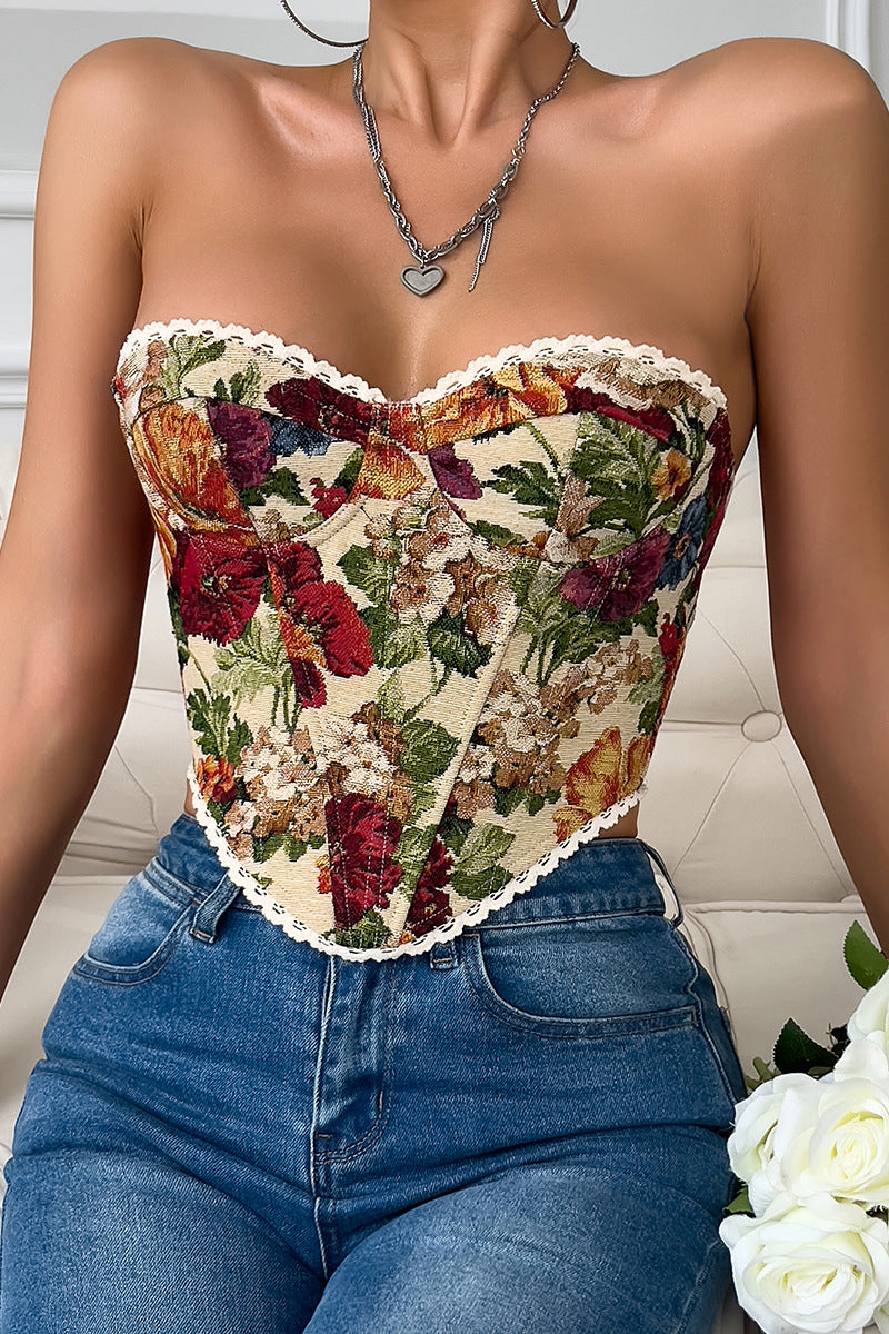 Floral Corset Top with Lace Trim