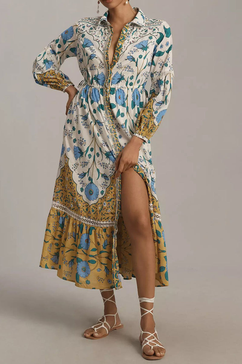 Slit Floral Print Long Sleeve Maxi Dress