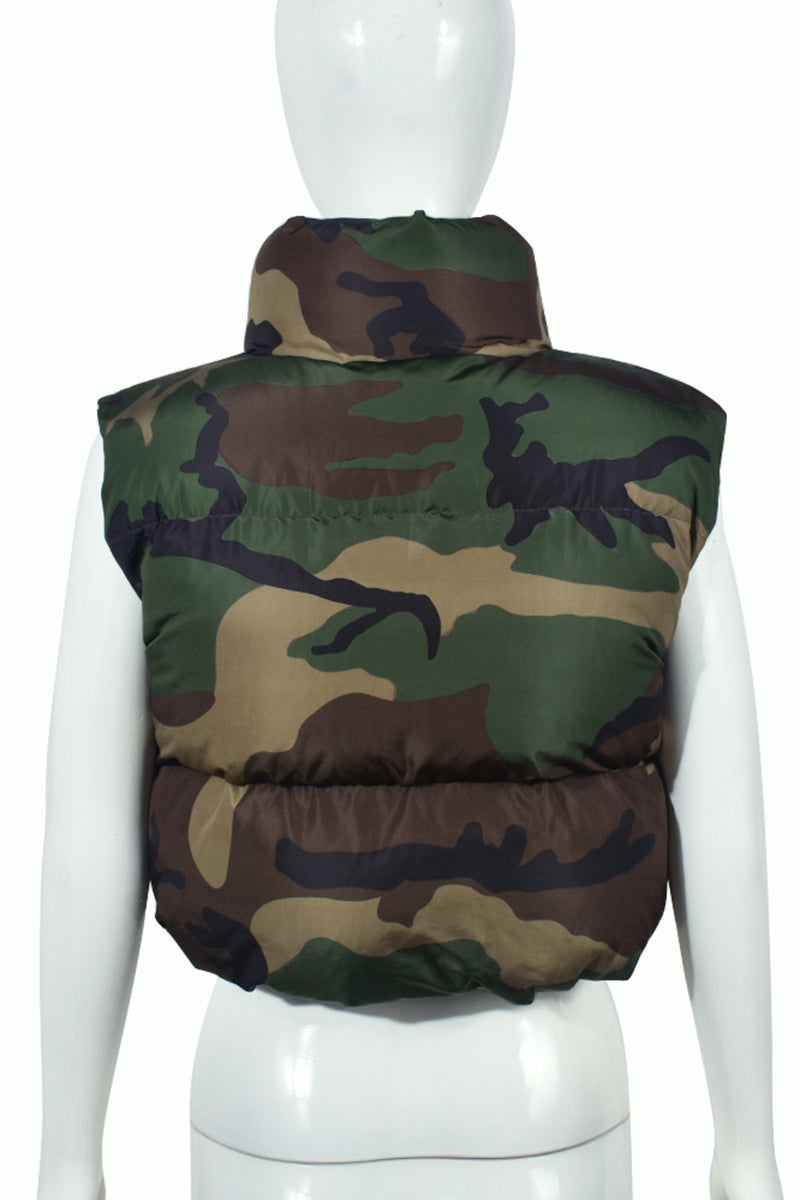 Camouflage Puffer Vest with High Collar