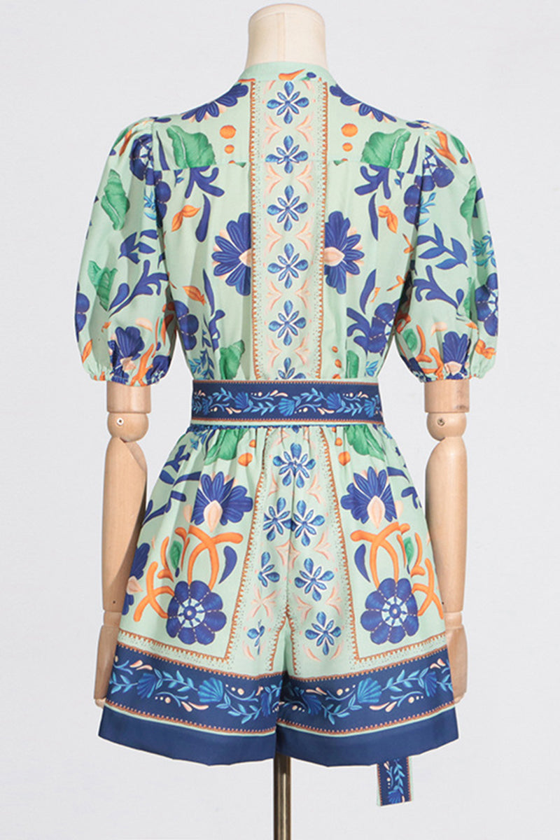 Botanical Print Top and Belted Shorts Set