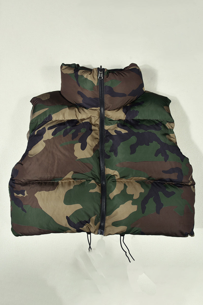 Camouflage Puffer Vest with High Collar