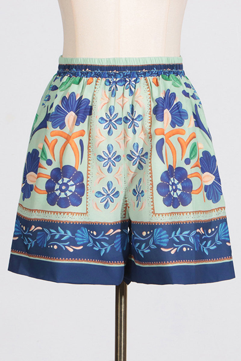 Botanical Print Top and Belted Shorts Set