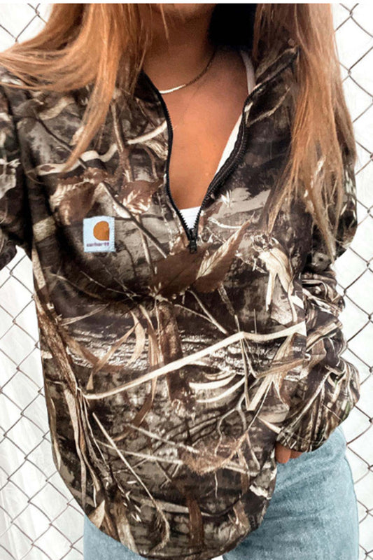 Camo Print Zip-Up Pullover