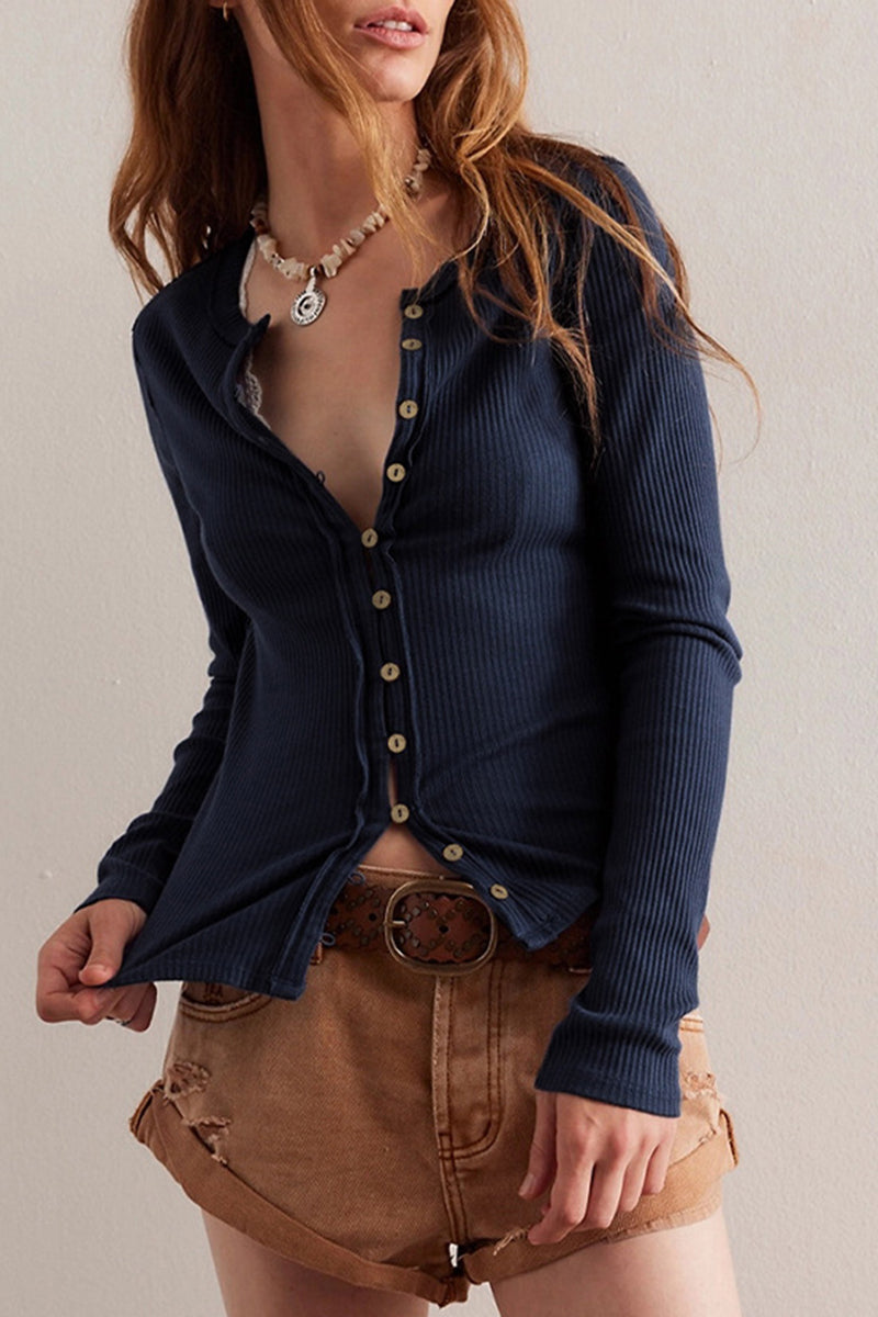 Ribbed Button-Up Long-Sleeve Top