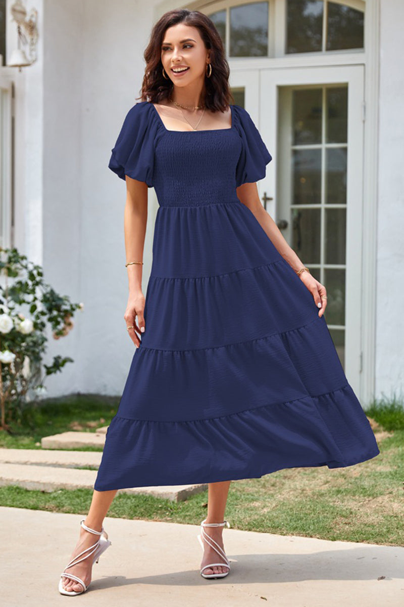 Puff Sleeve Open-Back Midi Dress