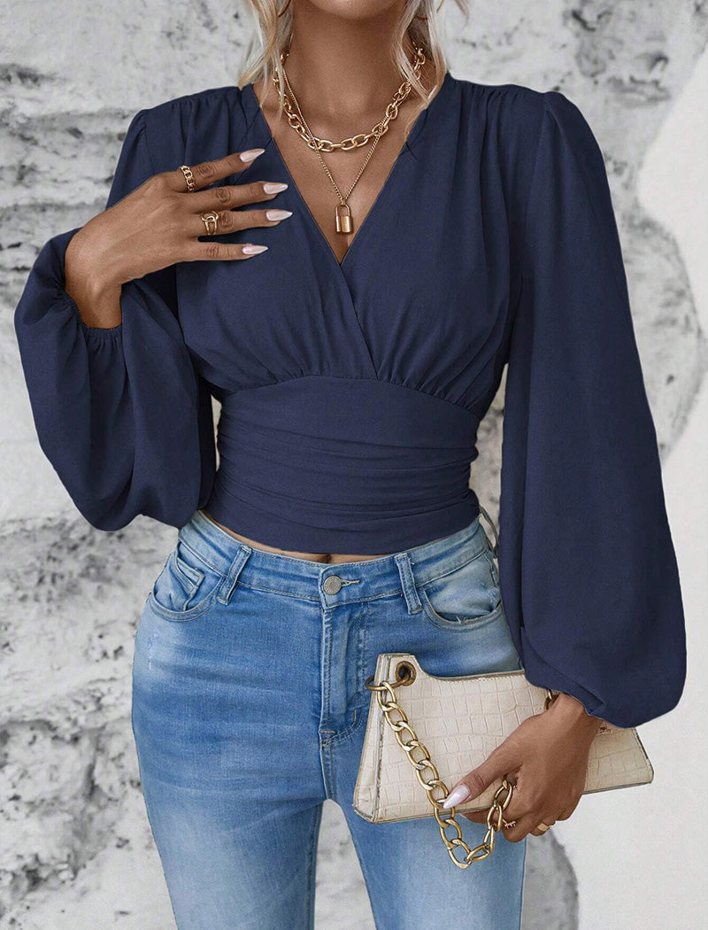 Ruched V-Neck Puff Sleeve Blouse