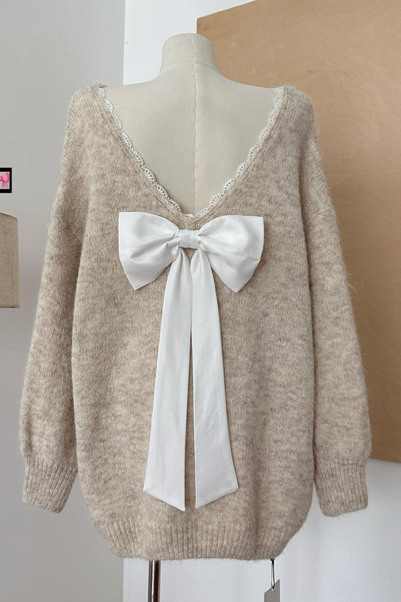 V-Neck Knit Sweater with Bow Detail