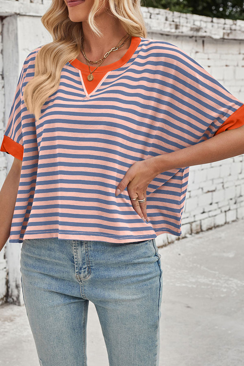 Striped Batwing Sleeve Contrast Trim Top