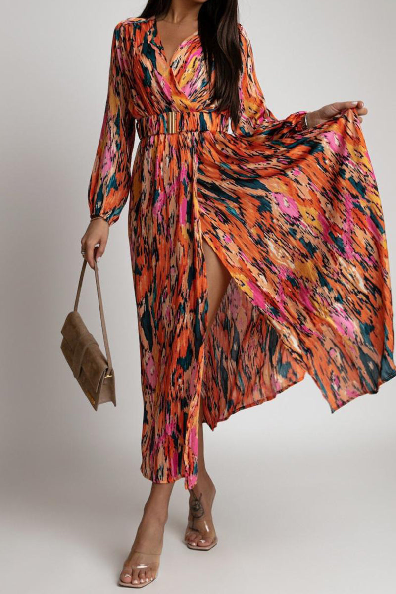 Printed Long-Sleeve Midi Dress