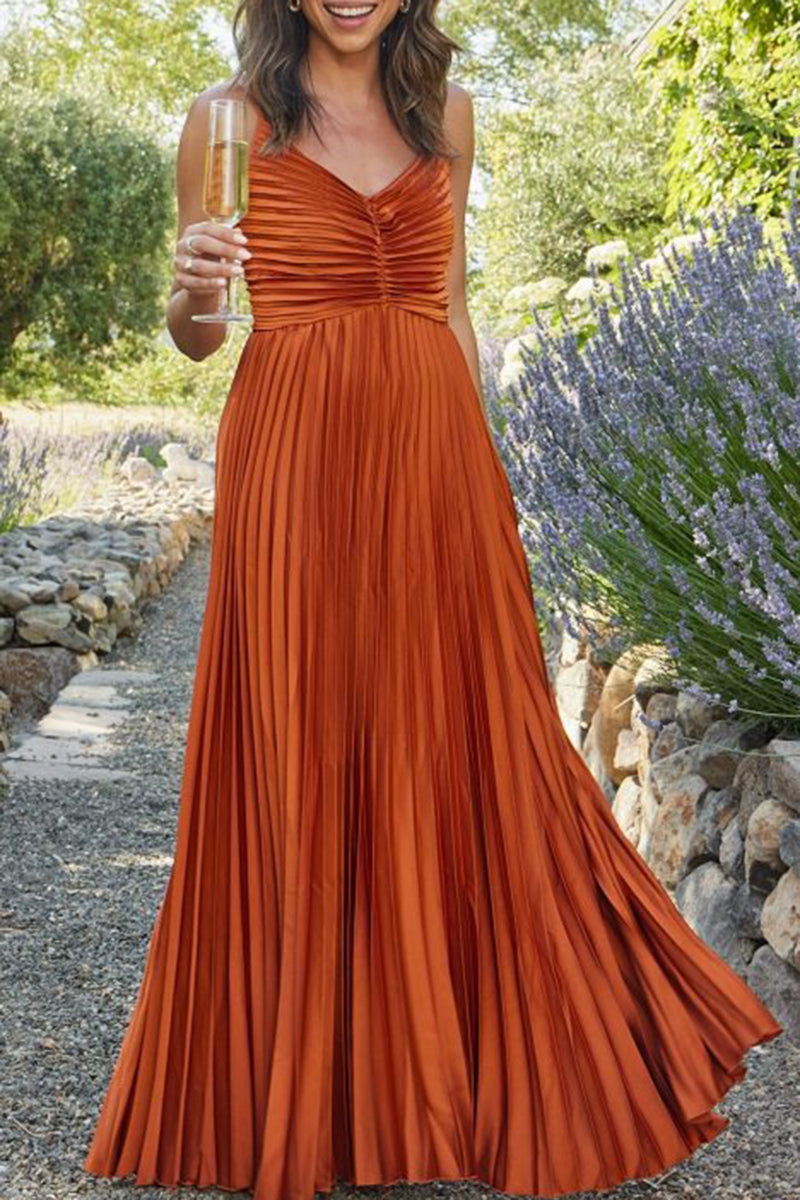 Pleated Maxi Dress with Ruched Bodice