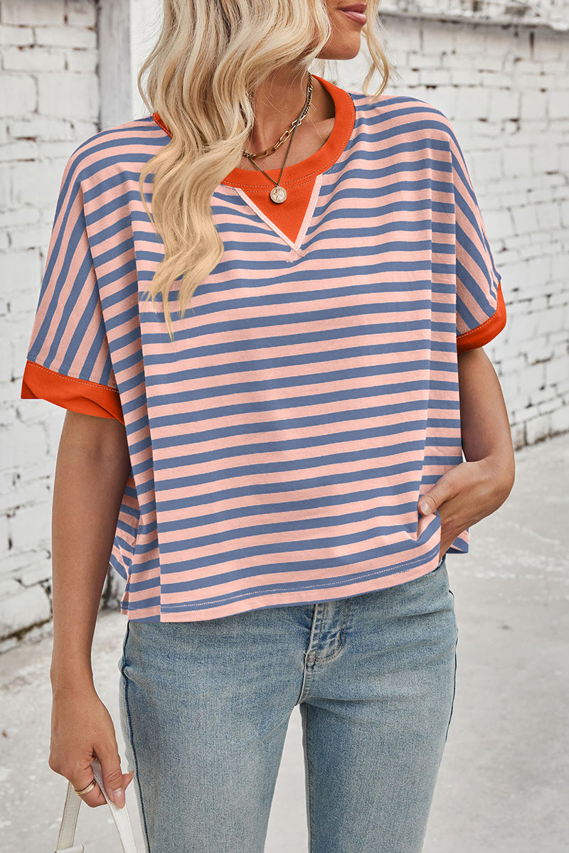 Striped Batwing Sleeve Contrast Trim Top