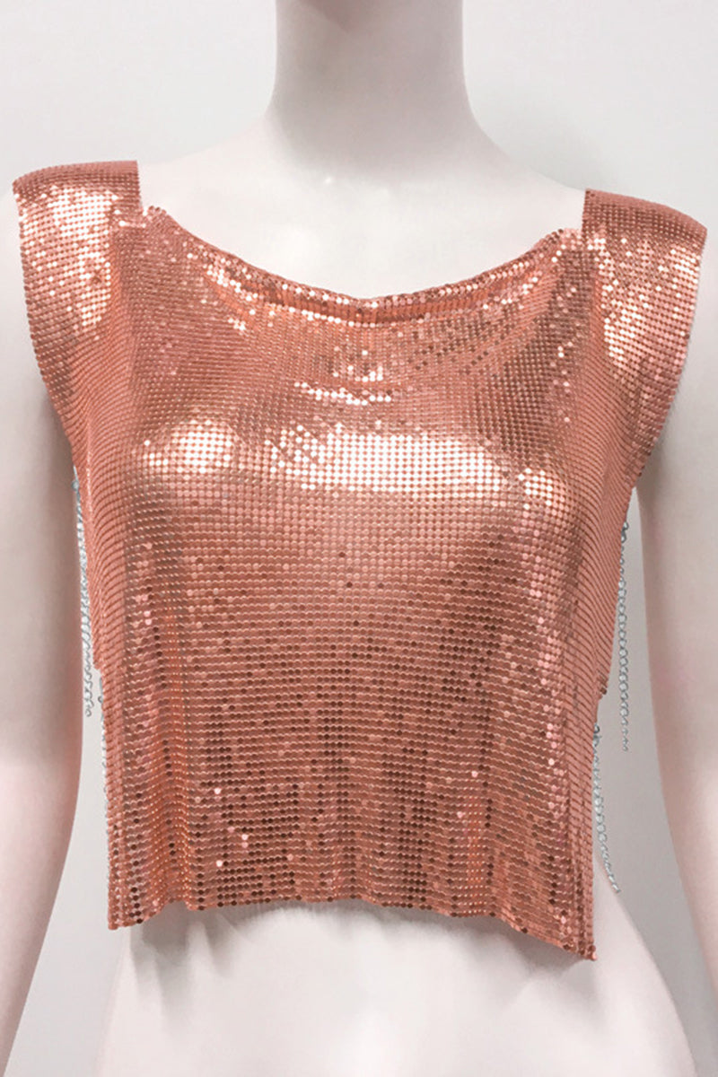 Chain Embellished Metallic Crop Top