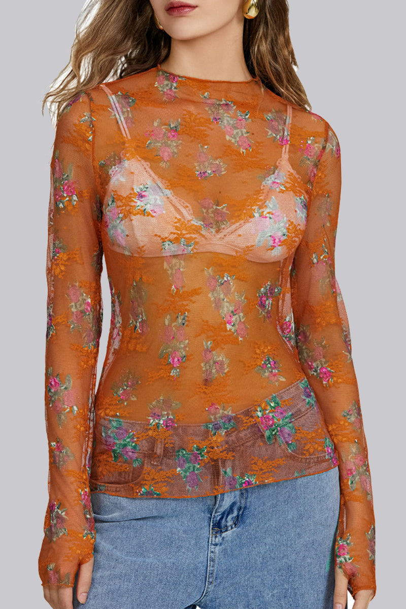 Sheer Floral Long-Sleeve Mesh Top