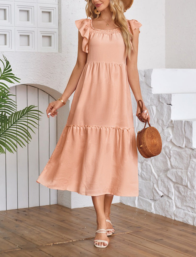 Ruffled-Sleeve Square Neck Midi Dress