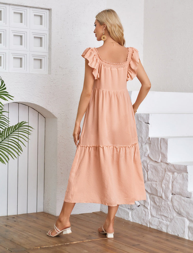 Ruffled-Sleeve Square Neck Midi Dress