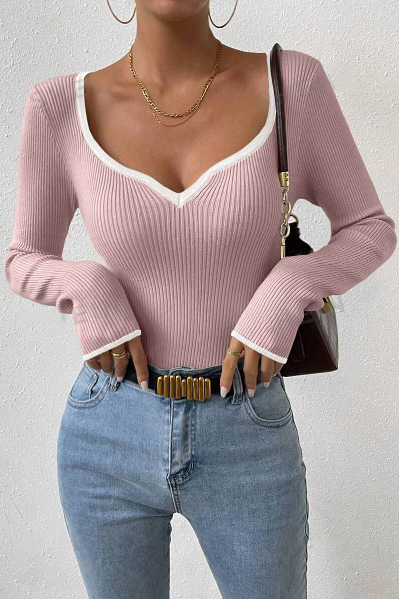 Ribbed V-Neck Long-Sleeve Top