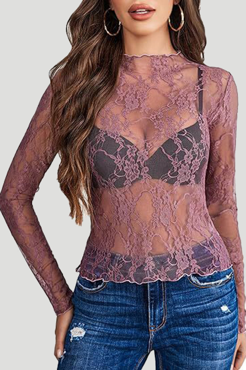 Floral Lace Peplum Hem Long-Sleeve Top