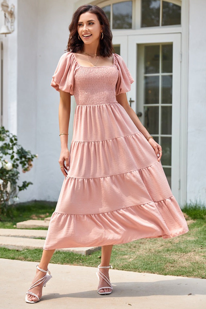 Puff Sleeve Open-Back Midi Dress