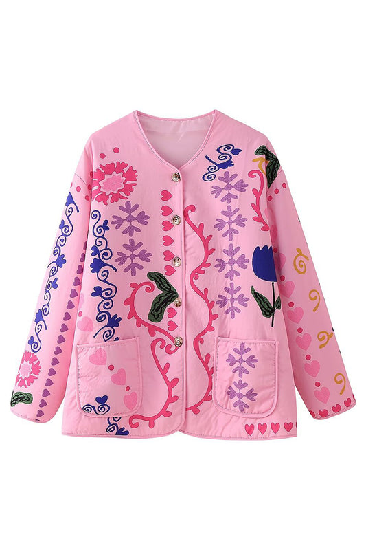 Printed Quilted Button-Up Jacket