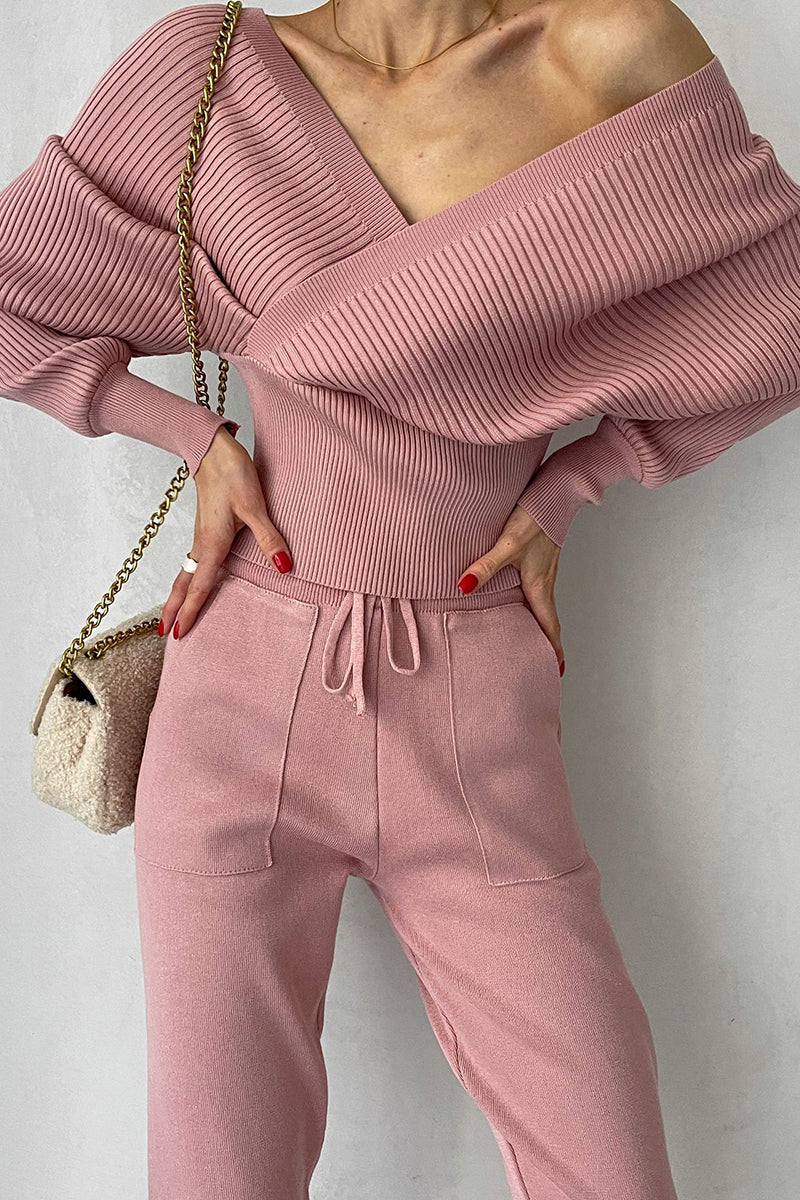 Batwing Sleeve Wrap Knit Sweater and Pants Set